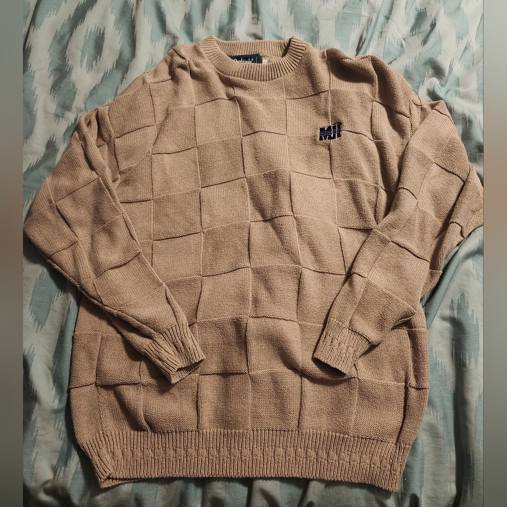 Dunbrooke Men's XL Cream Navy 80s/90s VTG Crewneck Knit Sweater Made In USA